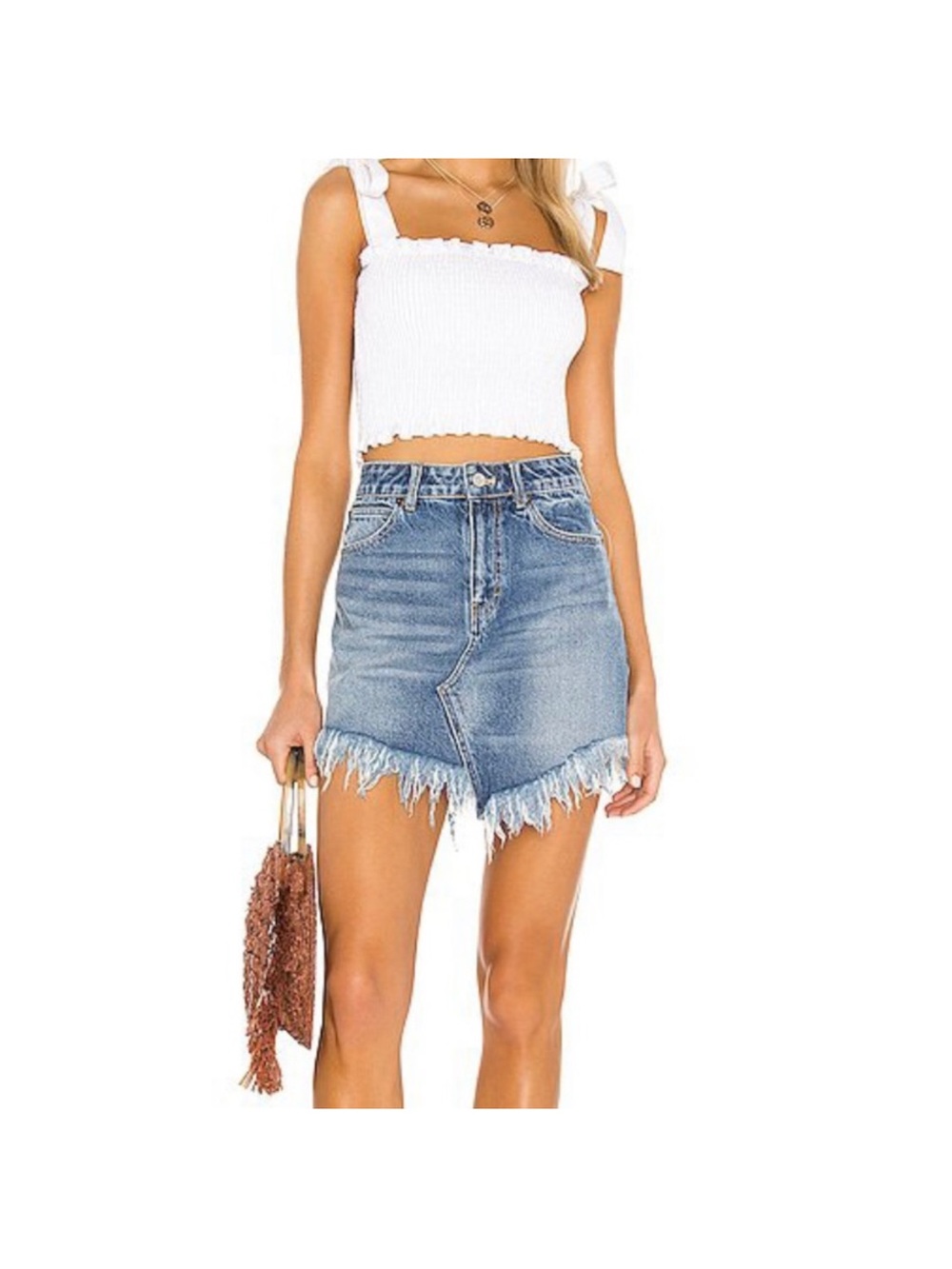 We The Free Light Blue Asymmetrical Frayed Denim Mini Skirt